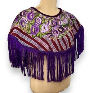 Vintage Huipil Poncho Top Embroidered Floral Striped Purple Frida One Size